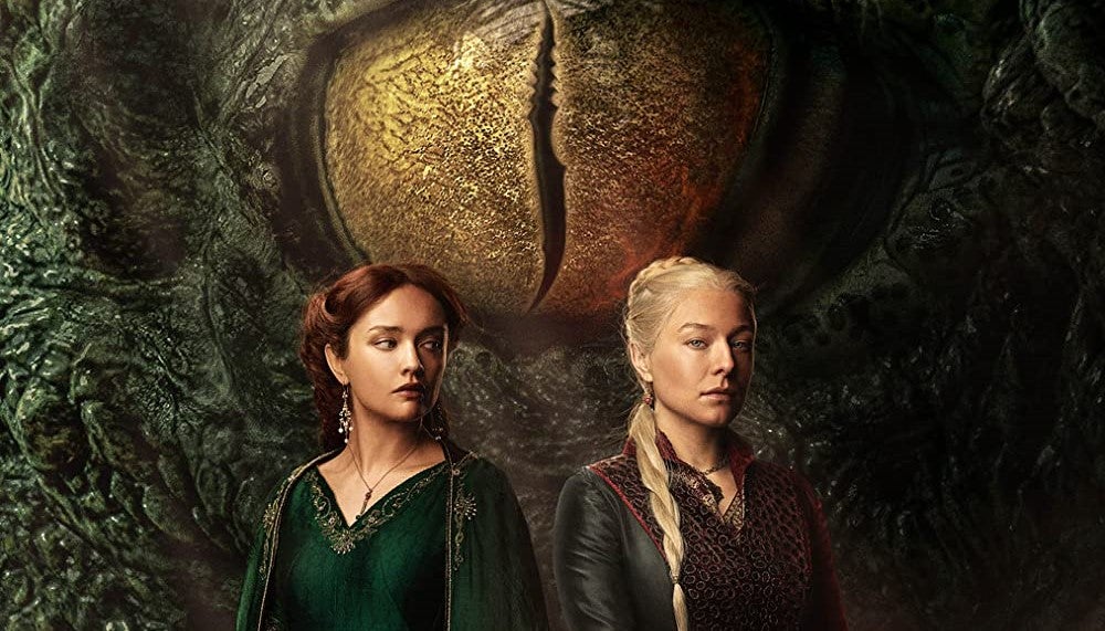 Cropped House of the Dragon poster featuring two characters and a large dragon eye in the background