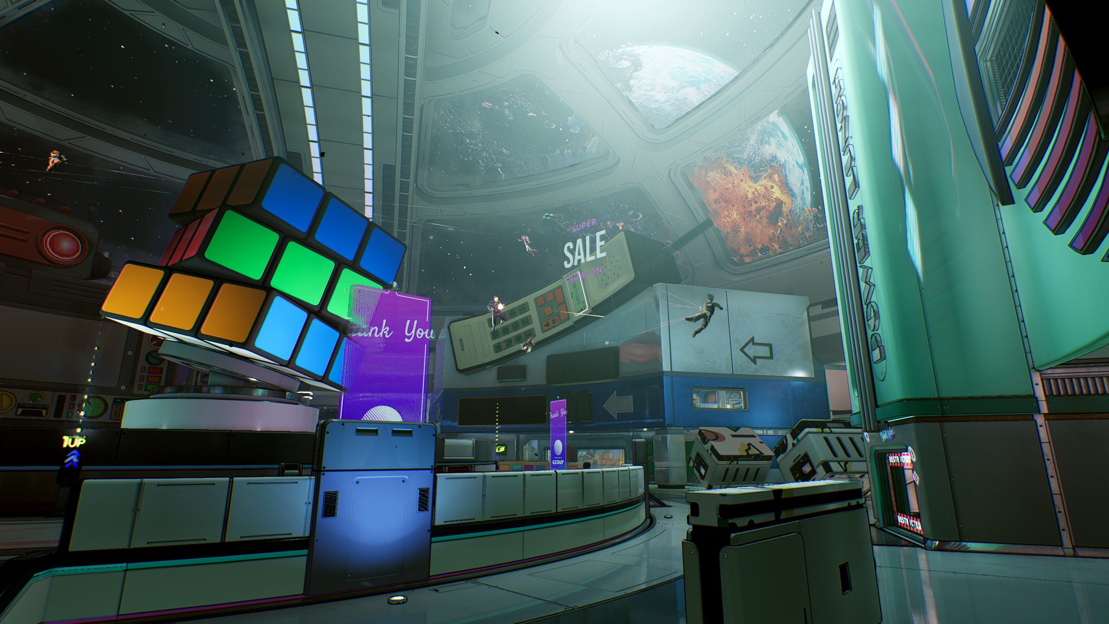 What looks like the atrium of a futuristic mall, only there are characters floating in the distance here, firing rockets at each other. There's planet visible outside the huge window, and there's a giant Rubik's cube in the foreground of the picture.