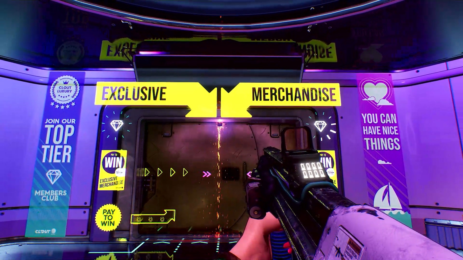A purple-hued shot of a character holding a gun facing what look like glass sliding doors with huge "exclusive merchandise" labels above them. It's a shot that exudes garish capitalism.