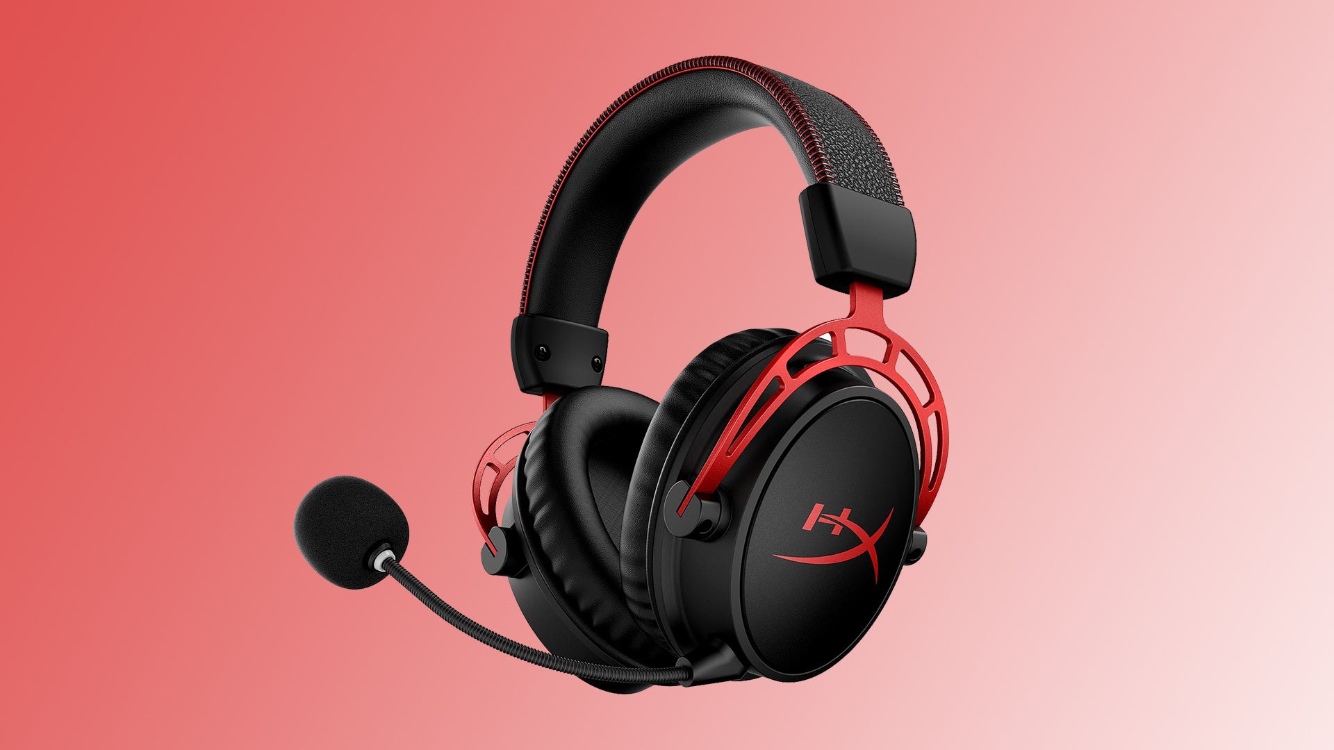 Image of a HyperX Cloud Alpha Wireless gaming headset on a red to white gradient background.