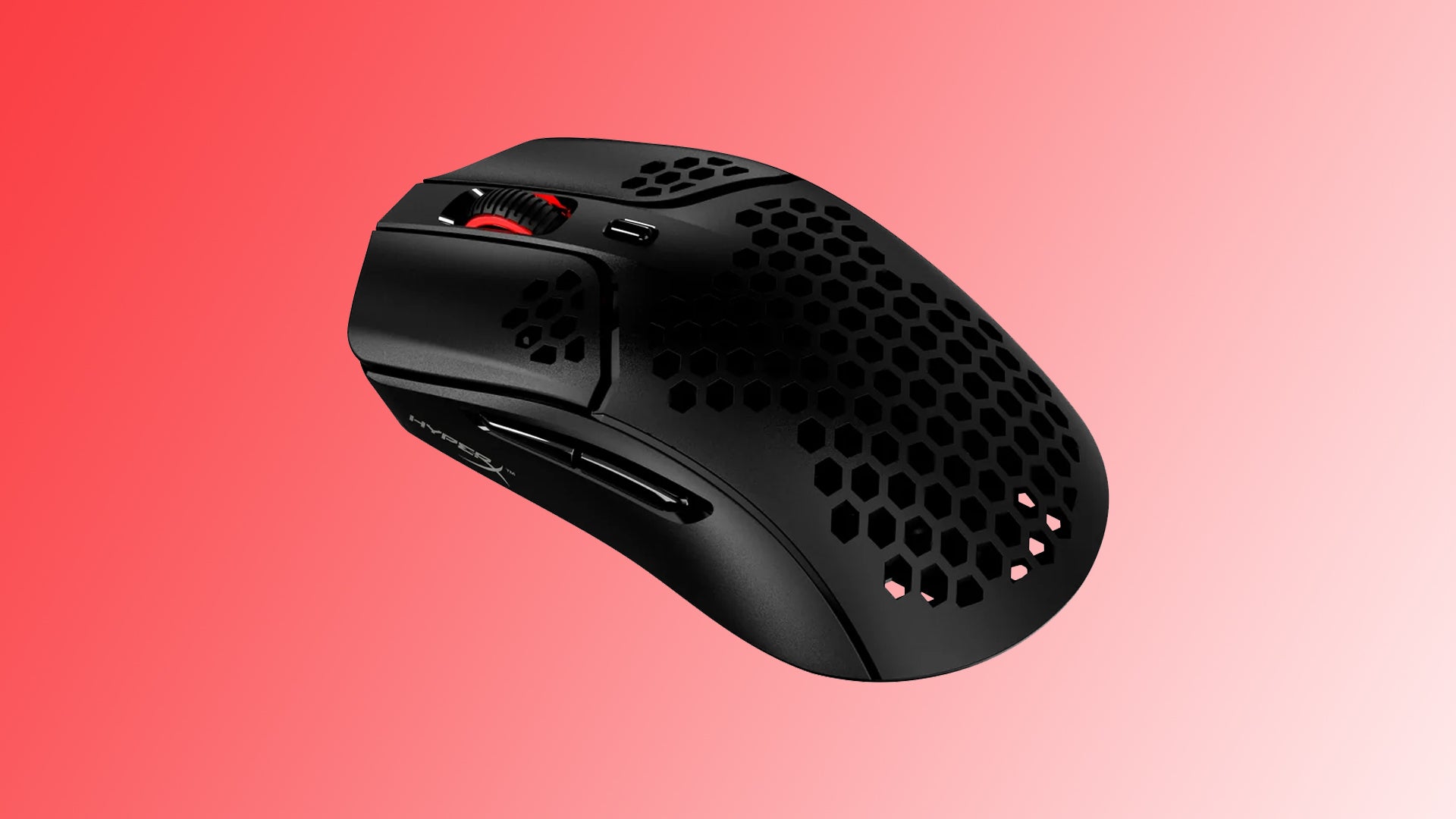 Image of a HyperX Pulsefire Haste Wireless gaming mouse on a red to white gradient background