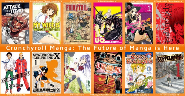 Banner featuring twelve comics covers on an orange background that reads in white text "Crunchyroll Manga: The Future of Manga is here"