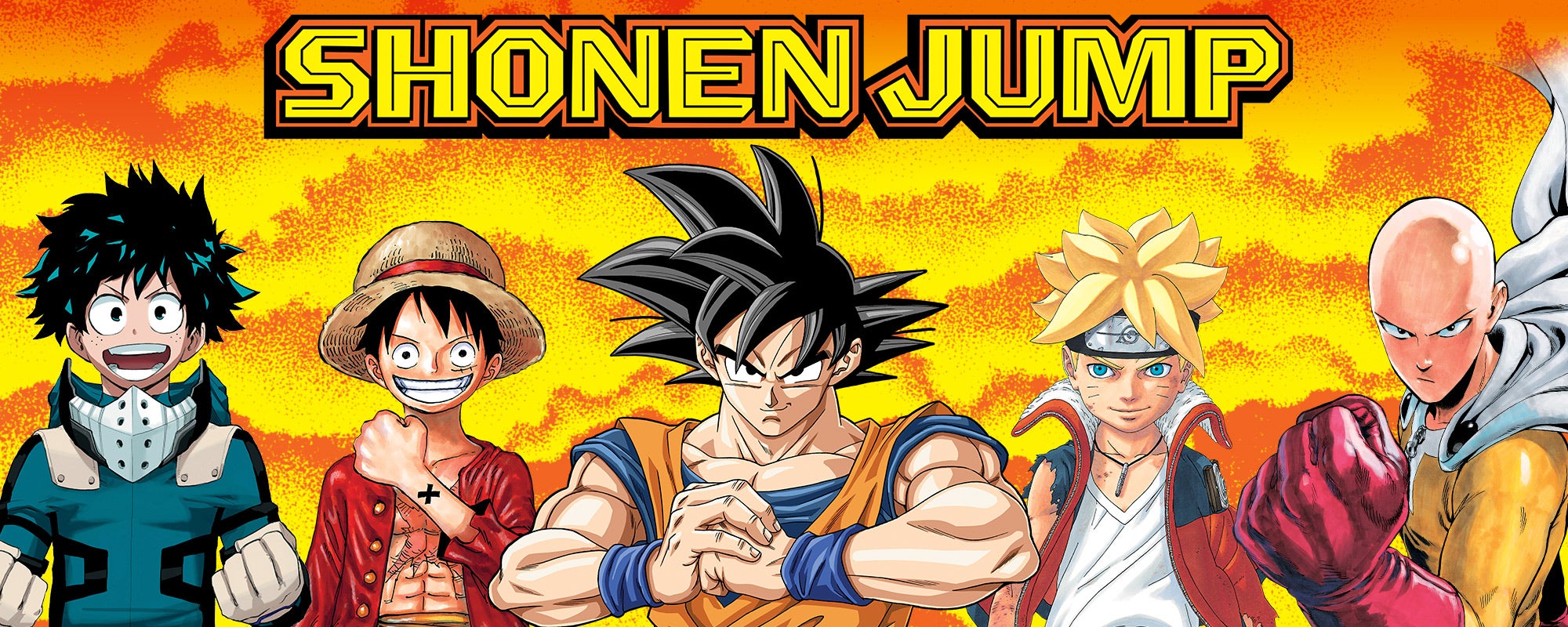 An orange fiery banner featuring characters like Naruto and One Punch Man. At the top of the banner, it reads Shonen Jump