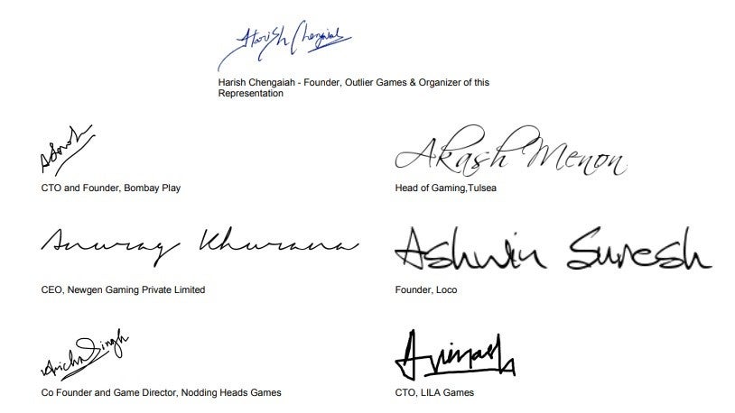 Signatures of assorted Indian games manufacture executives
