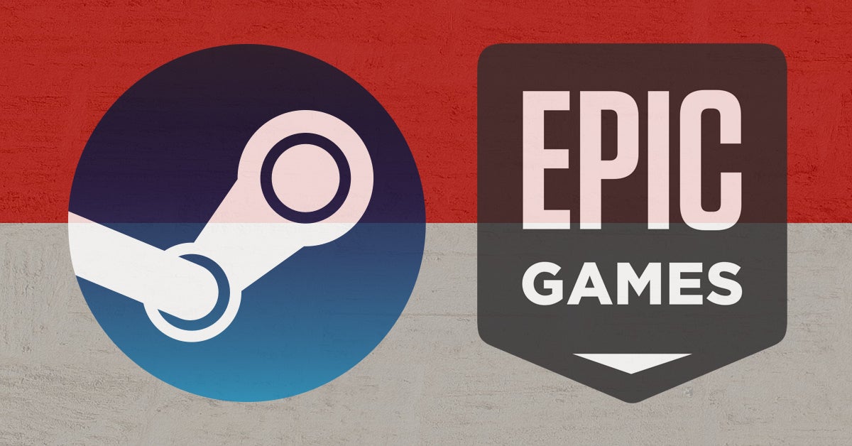 Steam and Epic Games logos against the Indonesdian flag