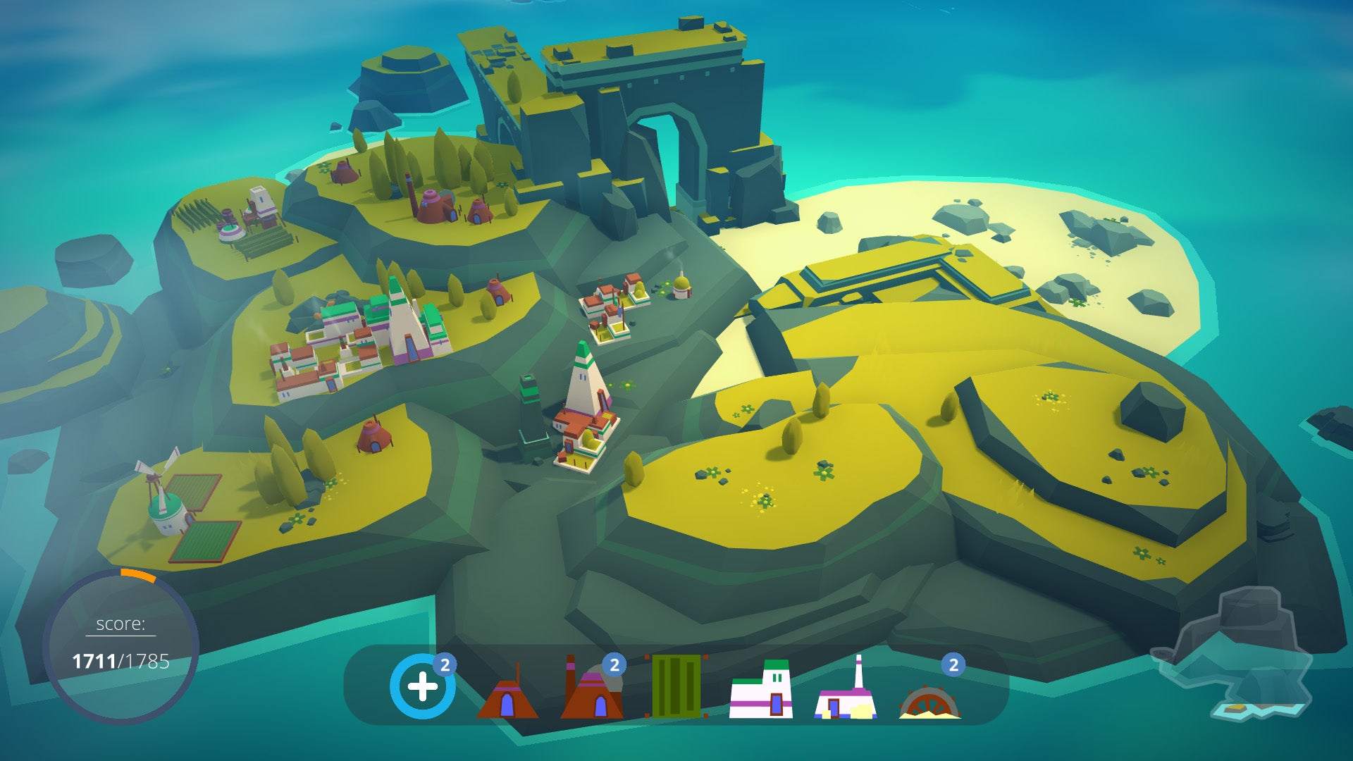 A screenshot of the game Isanders, a low-fi, chill, building game.  Here we see a small island dotted with a few buildings.  It's idyllic.