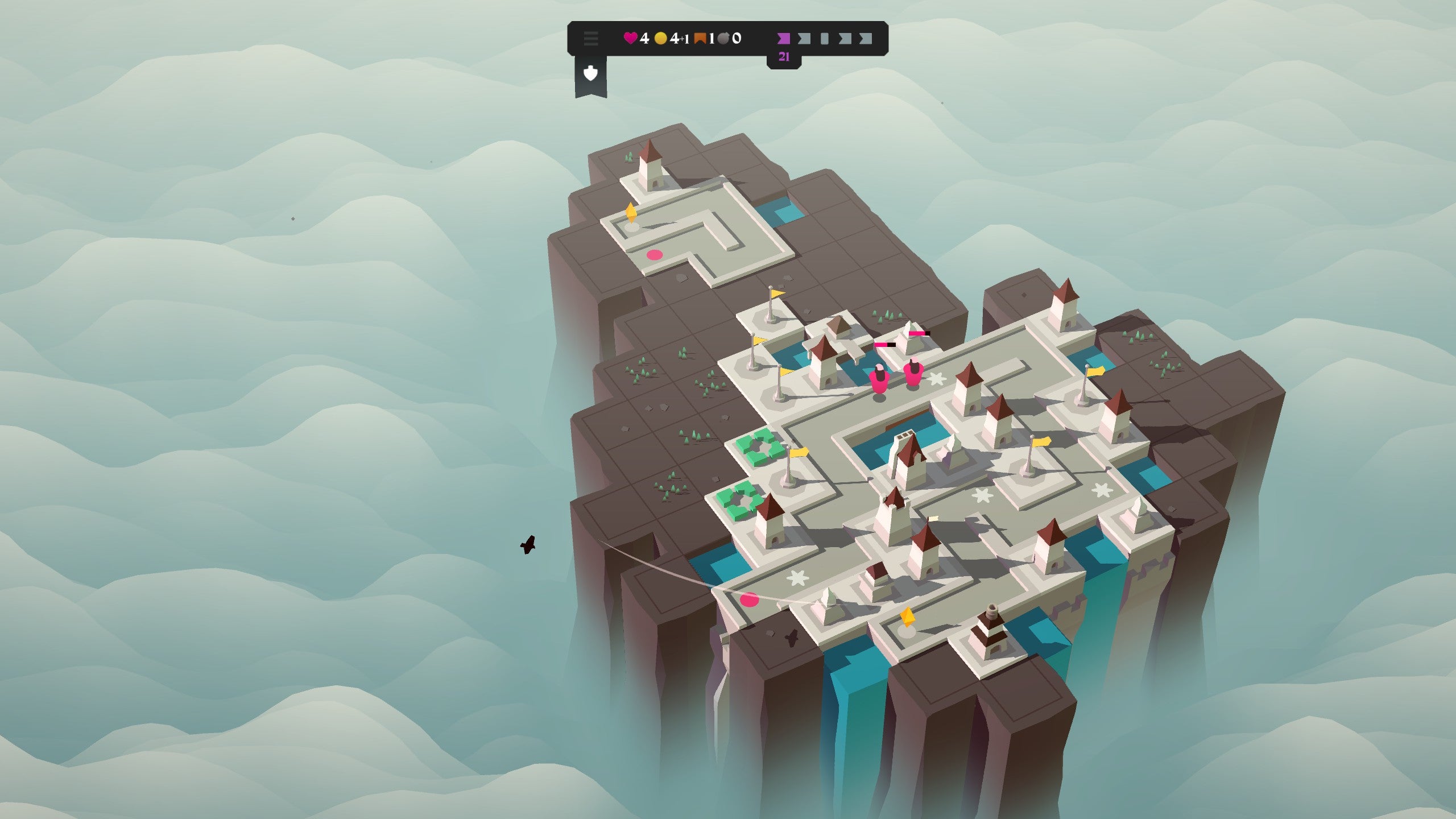 A cityscape in the sky, on a small island that can be expanded. It's a tower-defence game but very stripped back visually. It looks like a mini Greek city in the sky.