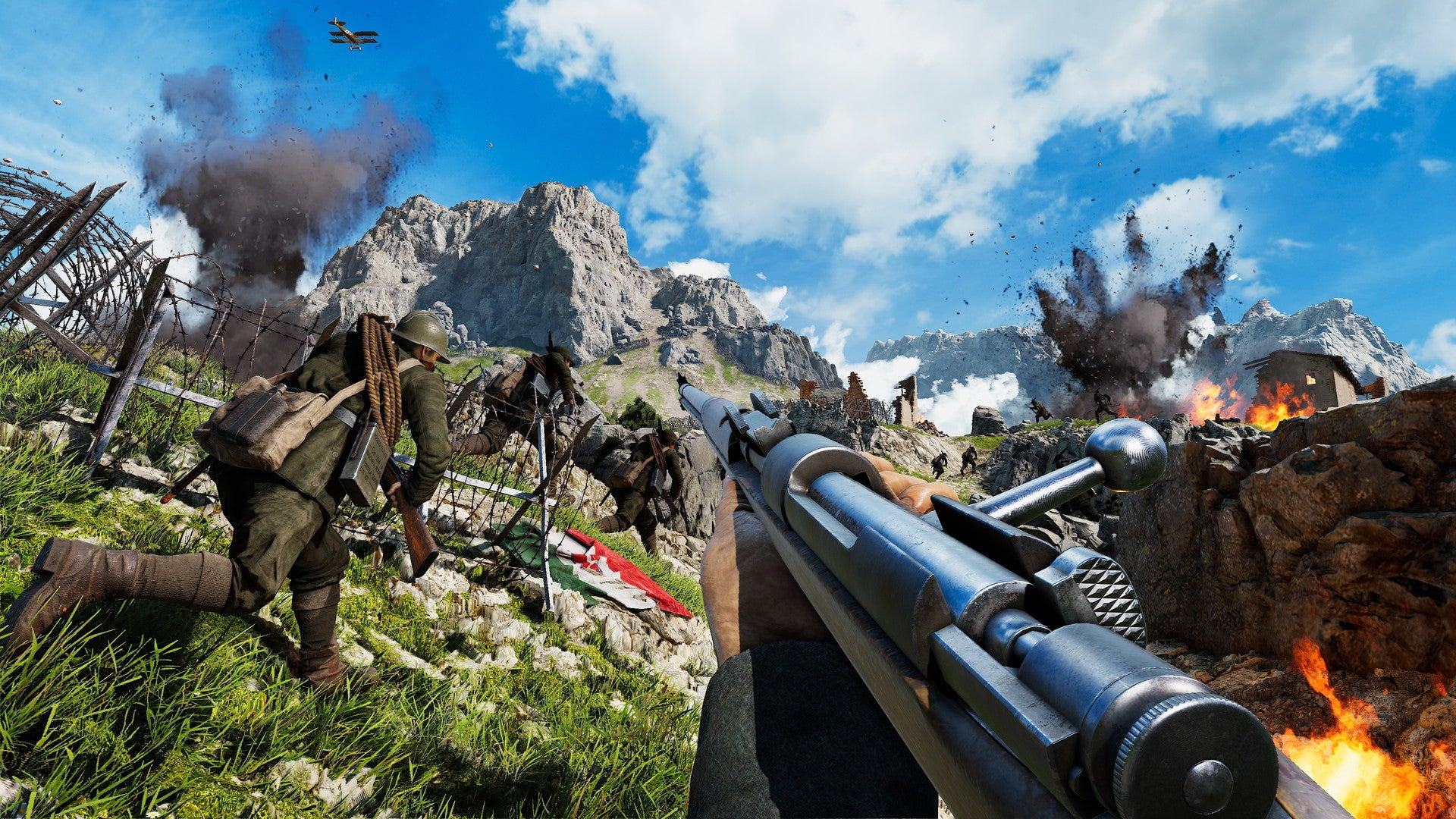Isonzo - a PR shot from POV perspective of the player and teammates running up a sunny mountainside amidst explosions