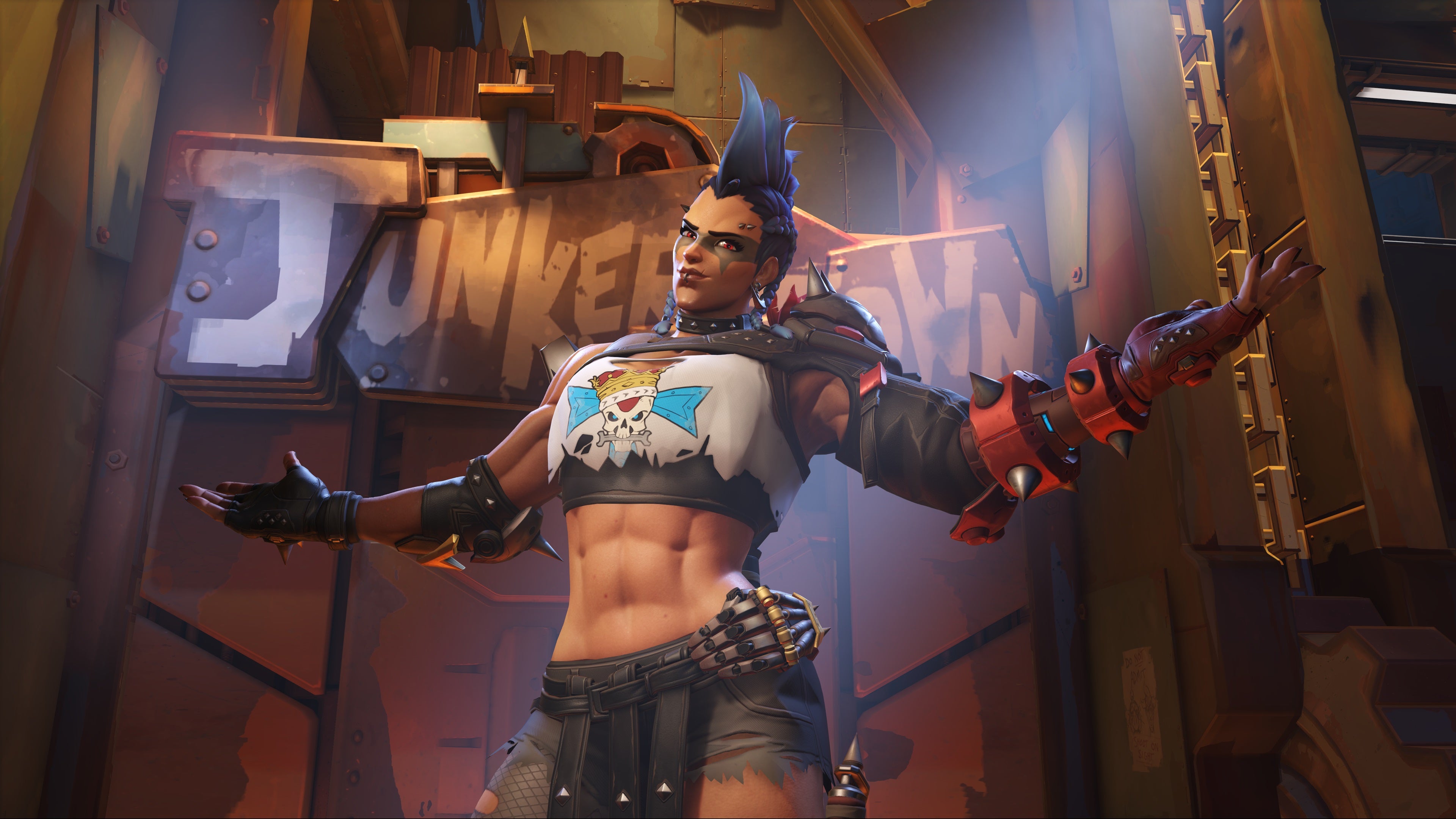 Muscled Overwatch 2 hero Junker Queen shrugs to the camera.