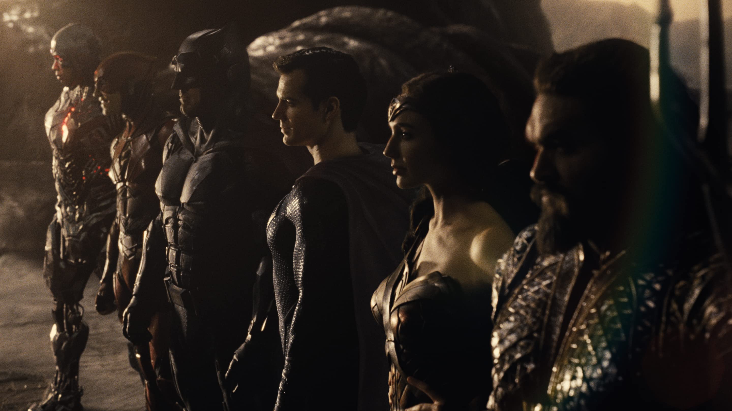 Justice League movie still, Aquaman, Wonder Woman, Superman, Batman, The Flash, and Cyborg are all standing in a row