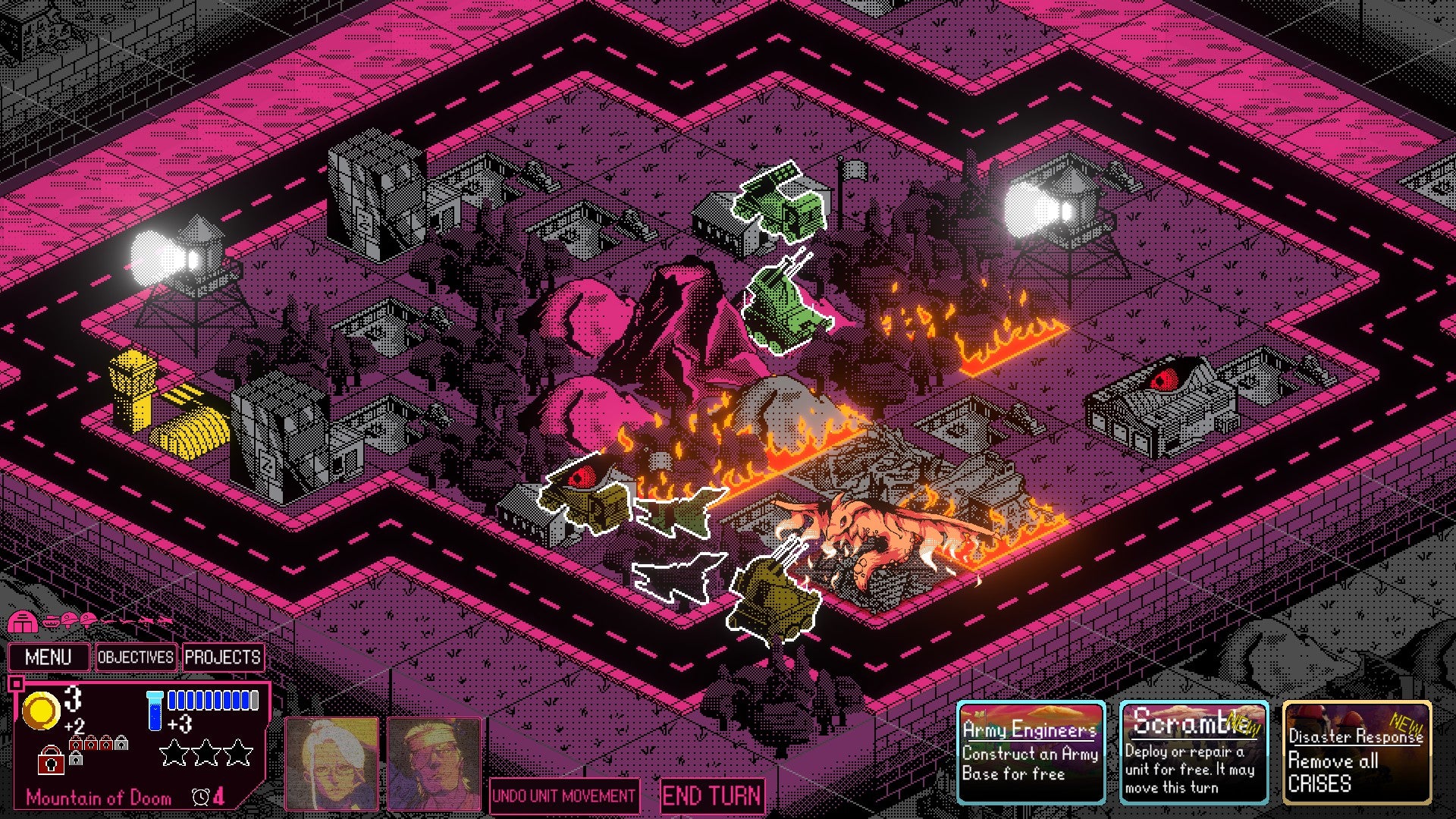 Kaiju Wars review - a bright pink, square-tiled battlefield, one square with a yellow watchtower, some grey buildings, and some tiles on fire as artillery and bombers battle 'Brodan'.