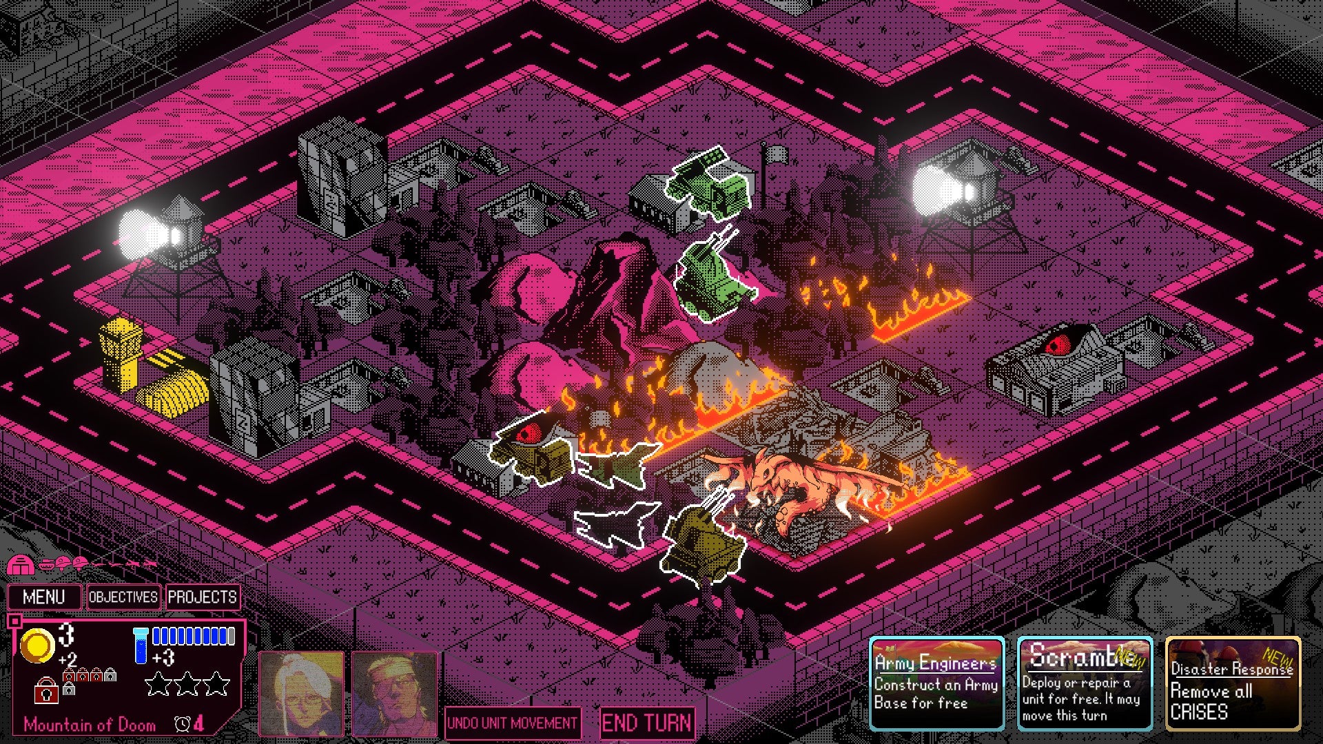 Kaiju Wars Review - A bright pink square tiled battlefield, a square with a yellow watchtower, some grey buildings, and some tiles that caught fire while artillery and bombers fought 