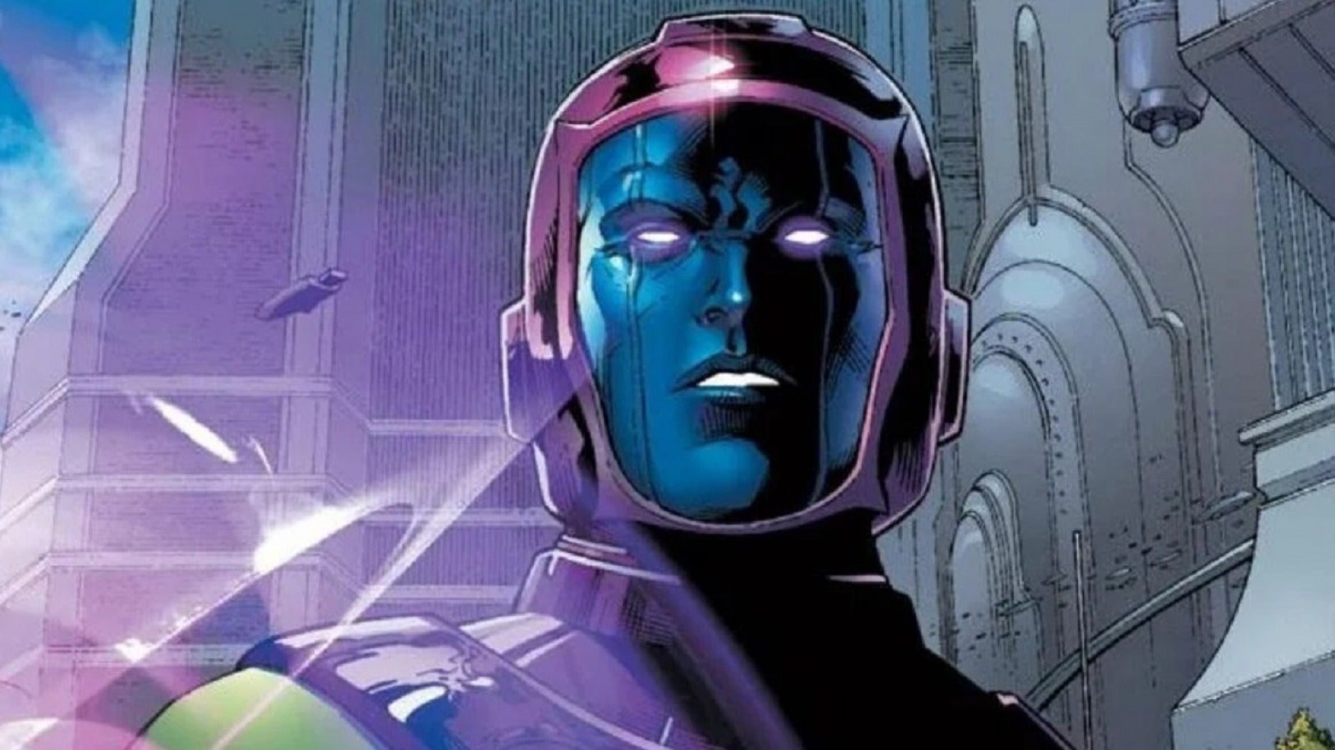 An illustrated image featuring Kang with a grimace