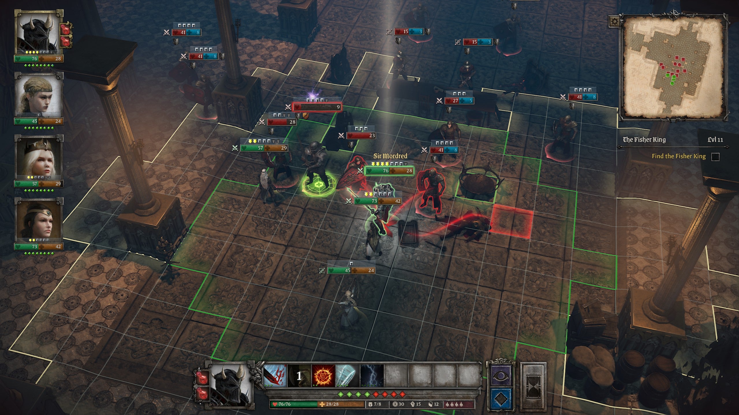 A battle inside a large castle in King Arthur: Knight's Tale. A grid spans the play area, with goodies outlined in green, and the swarm of humanoid enemies in red.