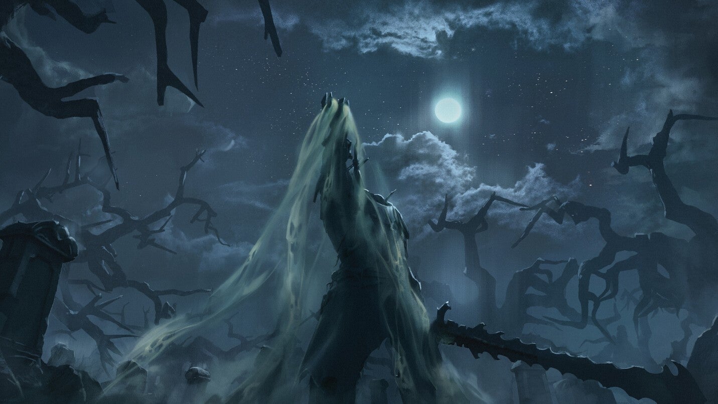 A ghostly reincarnation of King Arthur in a moonlit forest, raising his arm as if to raise the dead.