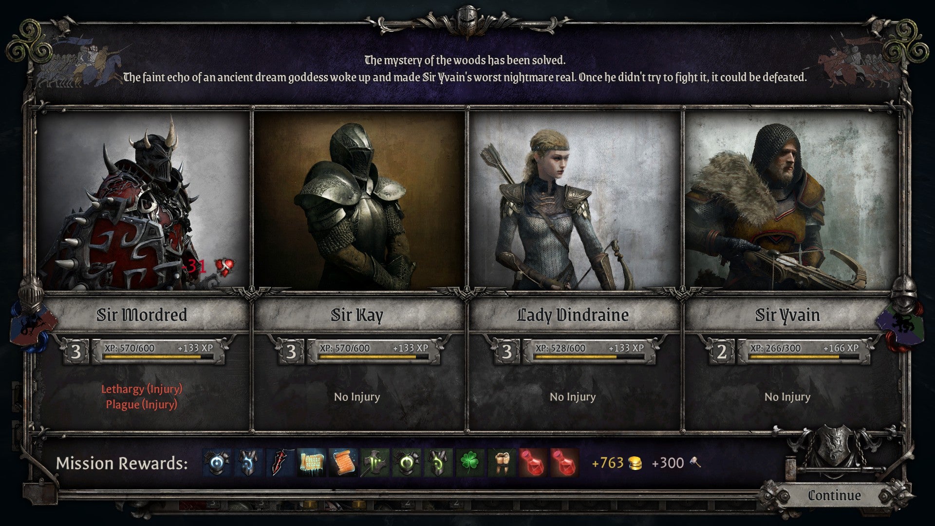 A mission debrief screen in King Arthur: Knight's Tale, showing Sir Mordred, Sir Kay, Lady Dindrane and Sir Yvaine.