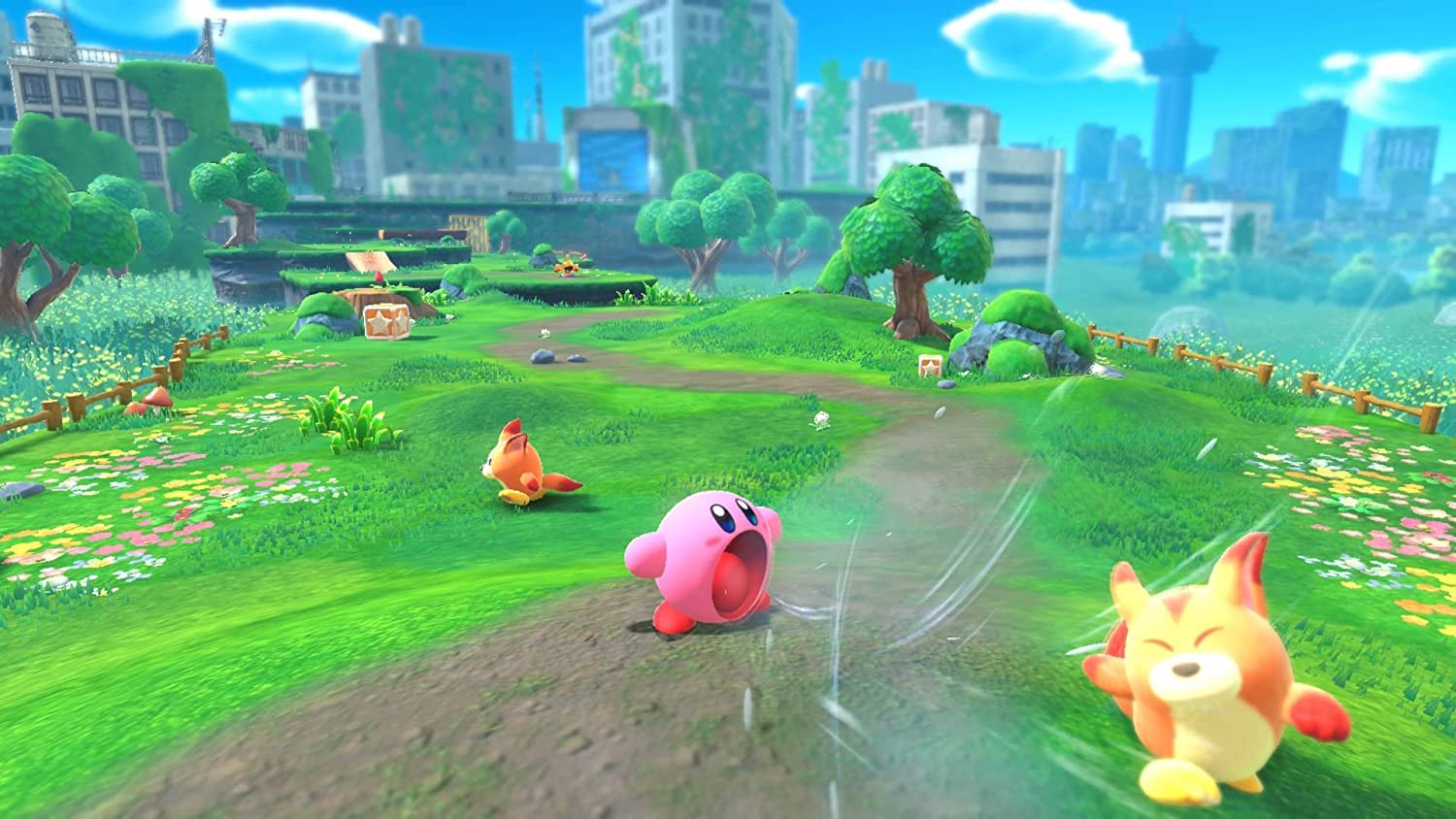 Kirby and the Forgotten Land screen where Kirby inhales an enemy against a backdrop of a ruined city overgrown with vines and plants