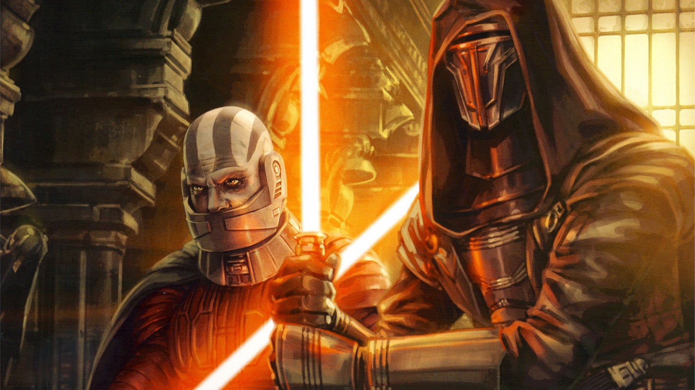 Concept art showing Star Wars Knights of the Old Republic antagonists Darth Revan and Dark Malak together, in a chamber of some kind, Lightsabers drawn. Revan is masked.