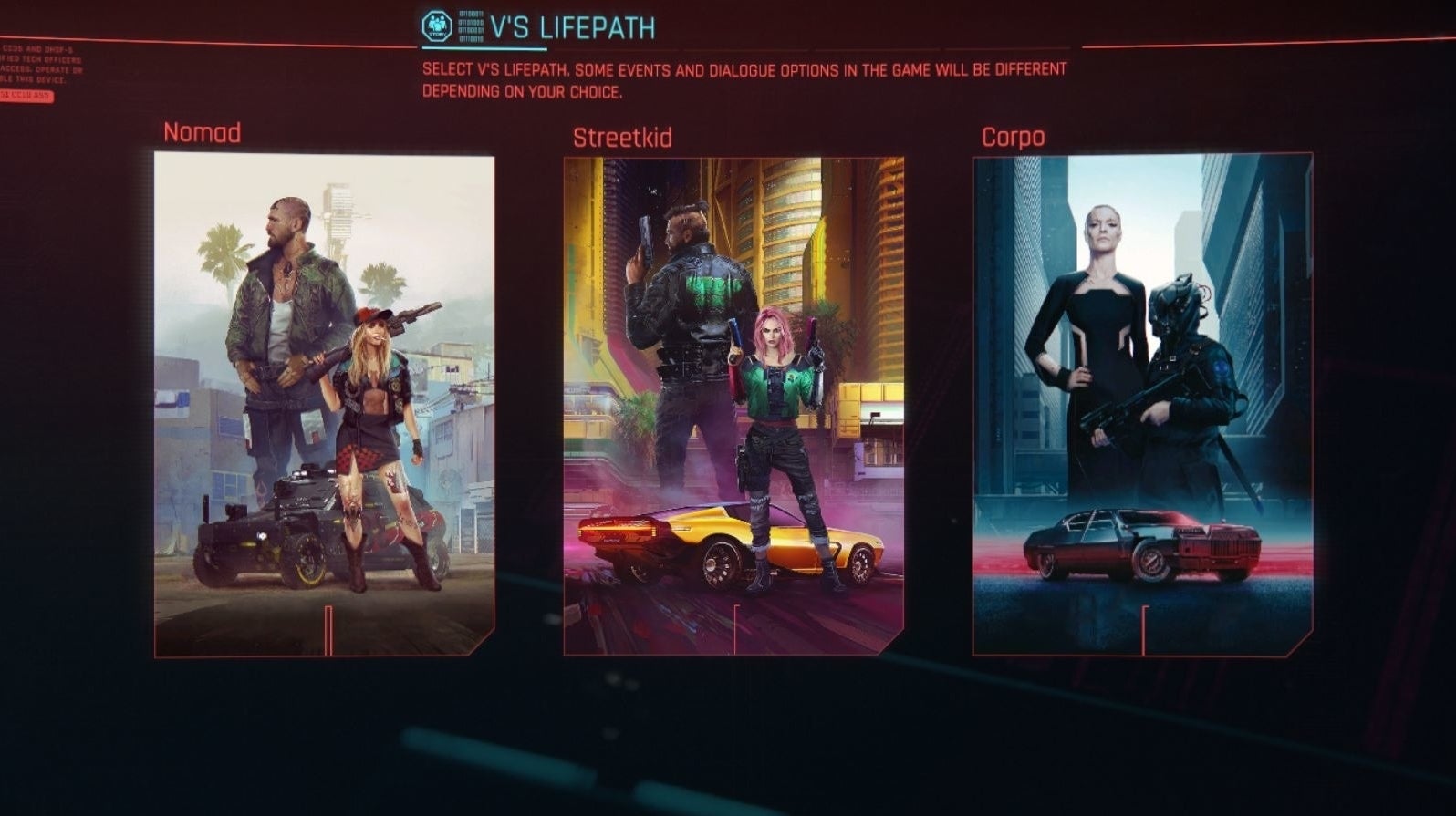 Cyberpunk 2077 Life Paths choice Which Corpo, Nomad or Street Kid life