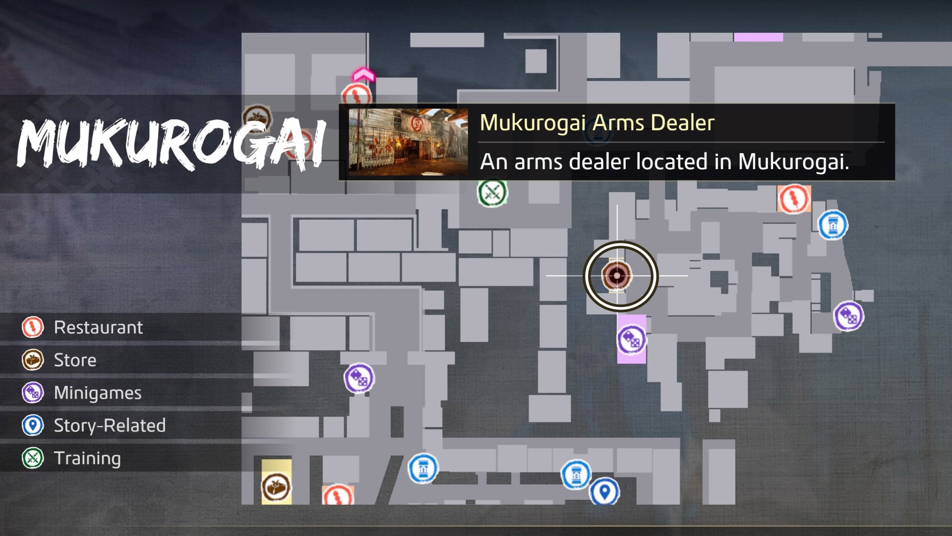 Like an Ishin dragon, the location of Mukurogai's arms dealer has been circled on the map.