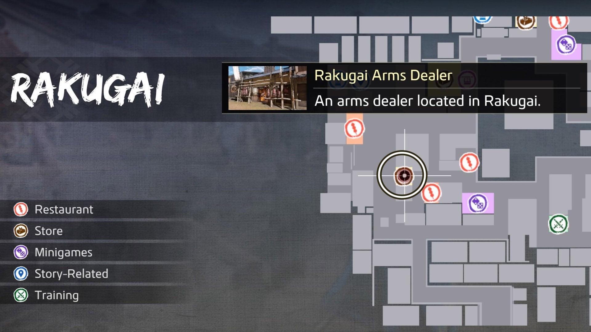 Like an Ishin dragon, the location of the Rakugai arms dealer has been circled on the map.