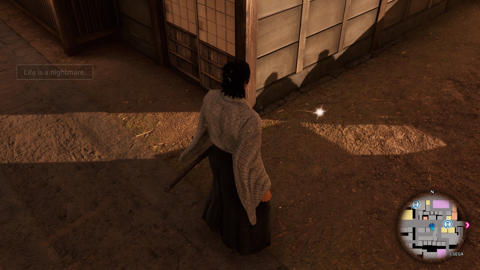 Like an Ishin dragon, Ryoma faces a luminous object on the ground