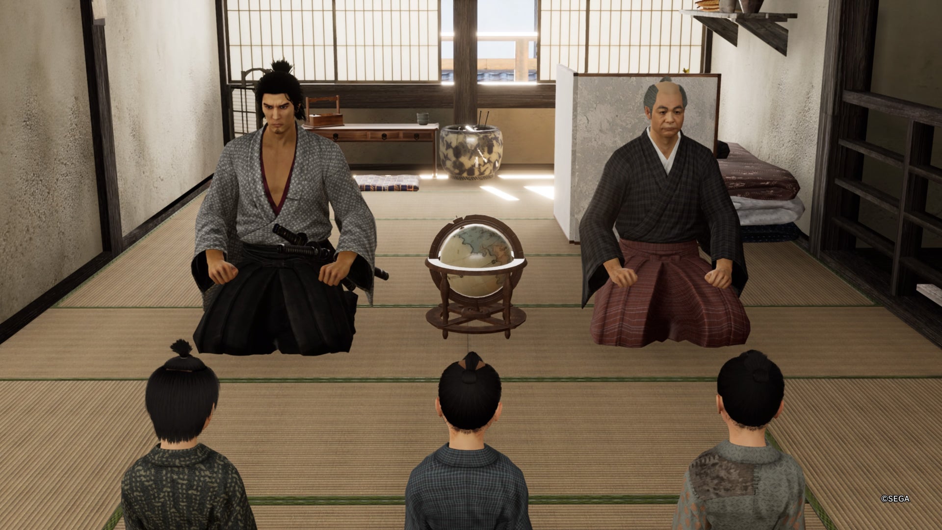 Like a Dragon Ishin, Ryoma is in a classroom with a Globe, a school teacher and three students