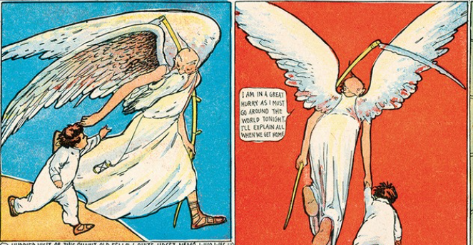 Two panels featuring an angel and Little Nemo