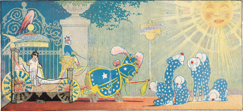 Illustrated panel from Little Nemo featuring Little Nemo in a carraige and people in blue dotted outfits and a large smiling sun