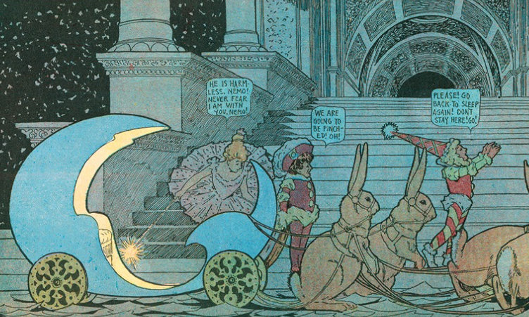 Newspaper illustration of a moon-like glowing carriage pulled by rabbits