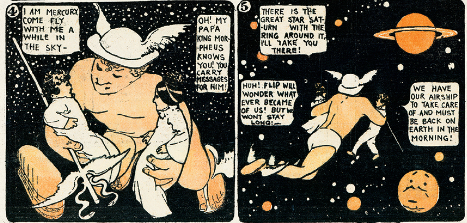 Two comic panels with a large baby with a winged helmet carrying two children in space