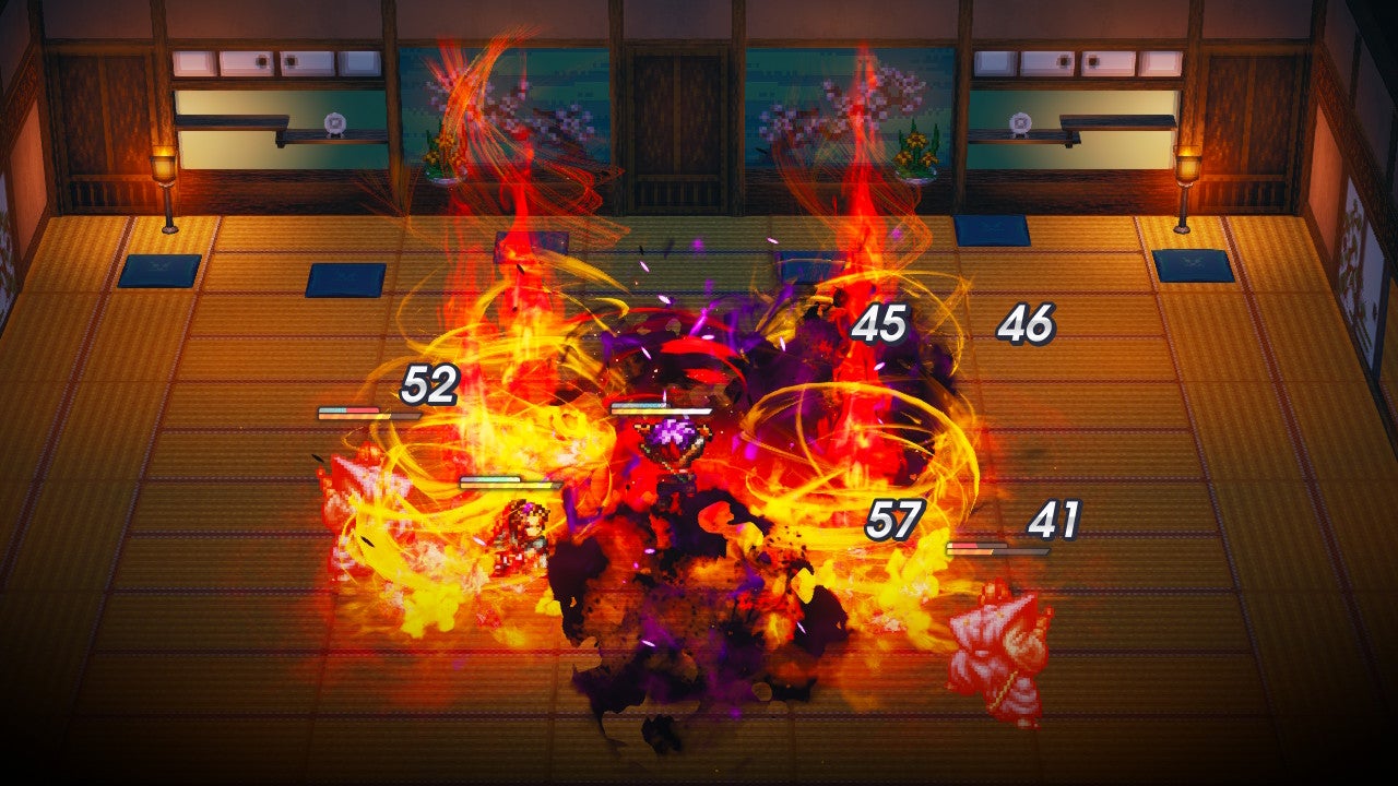 Live a Live review - combat inside a dojo with lots of fire-like effects and massive damage coming from the player