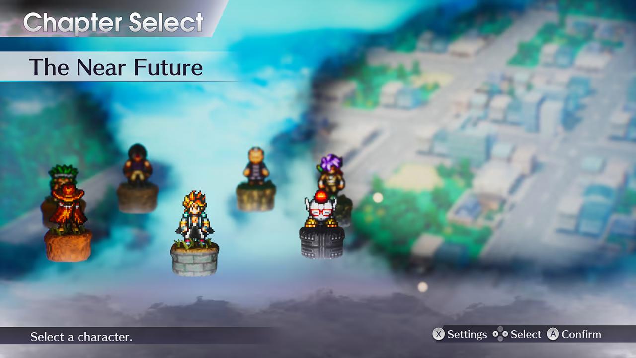 Live A Live preview - the chapter select screen showing seven character sprites with The Near Future selected