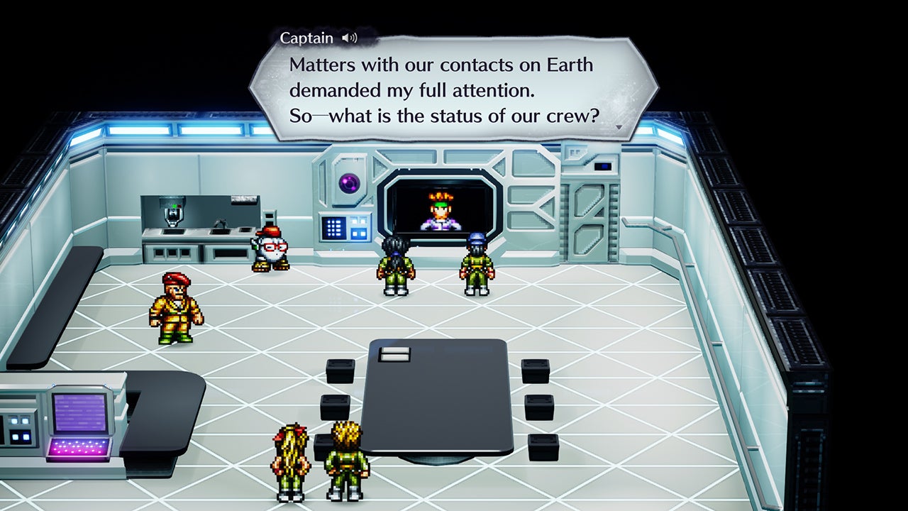 Live A Live preview - party characters in a futuristic room on a spaceship