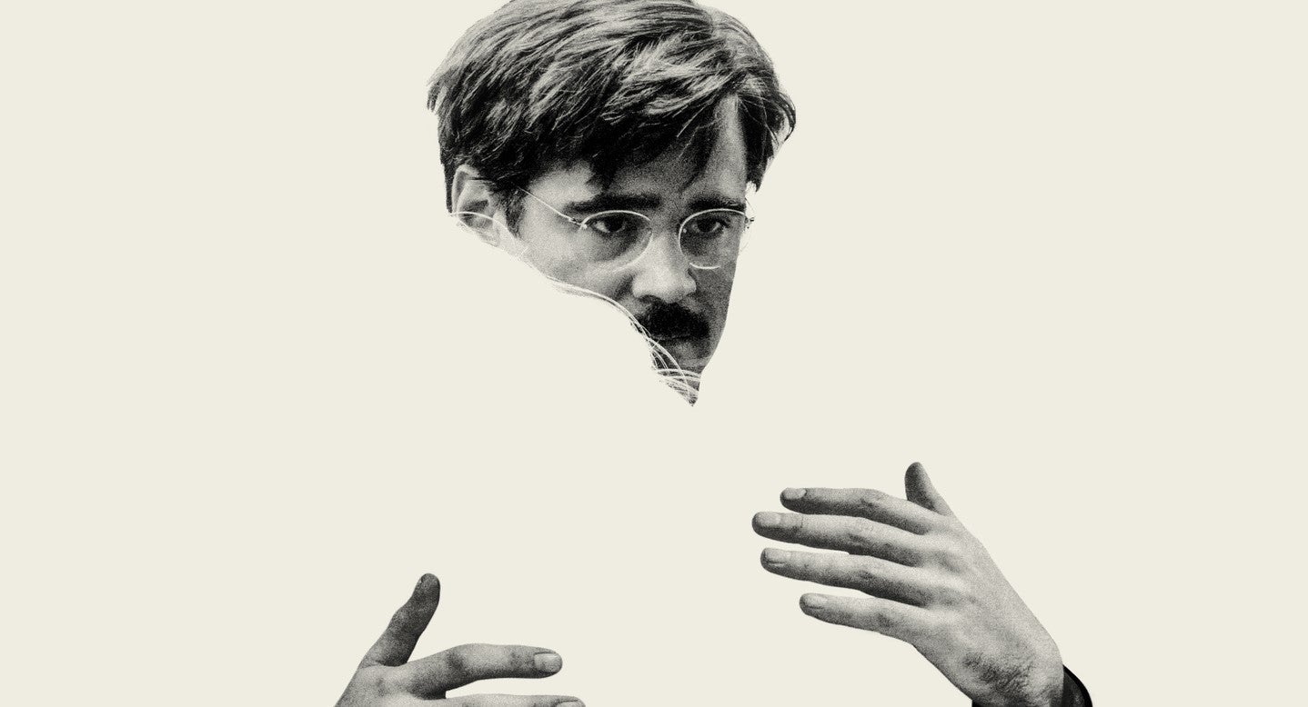 Cropped poster for the Lobster featuring Colin Farrel as David wearing glasses and embracing an invisible figure