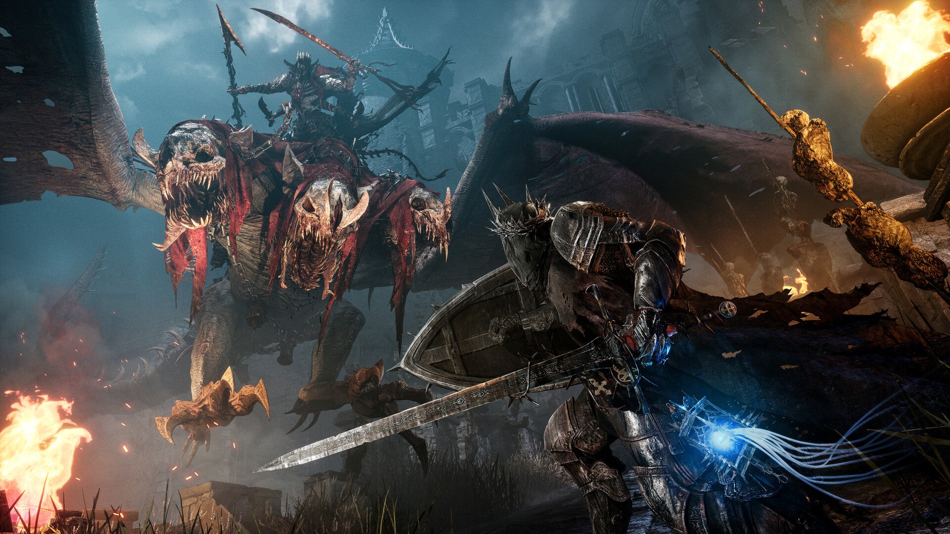 Zapowiedź Lords of the Fallen – Zaatakowany przez skrzydlatą bestię z wieloma czaszkami zamiast głów.