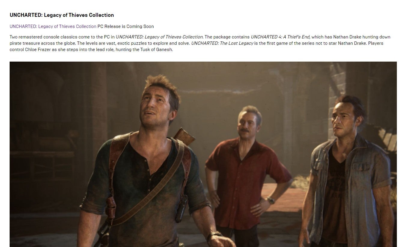 Uncharted Legacy of Thieves PC release date listed on Epic Games Store - 24