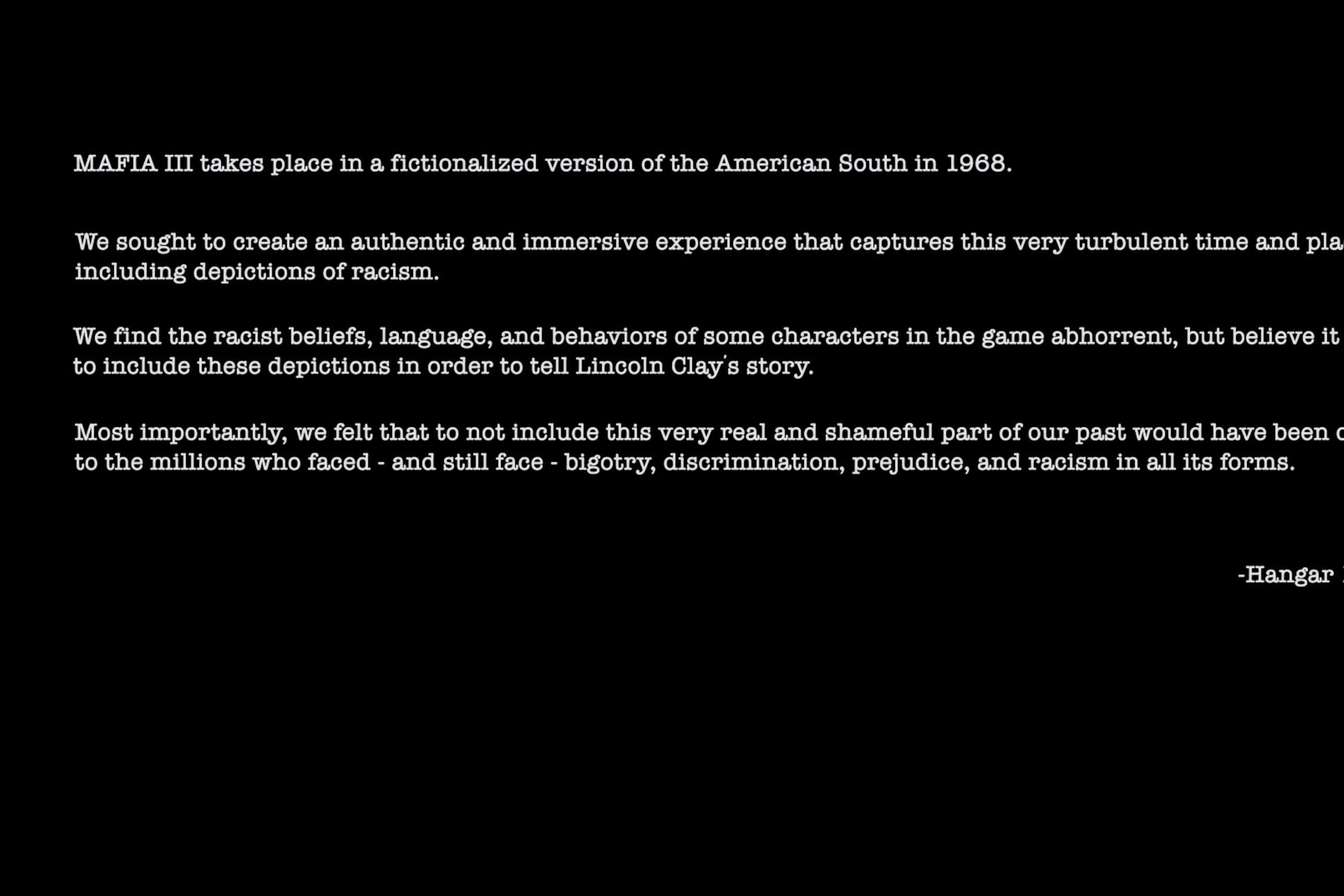 Image for Mafia 3's in-game statement on its depiction of racism