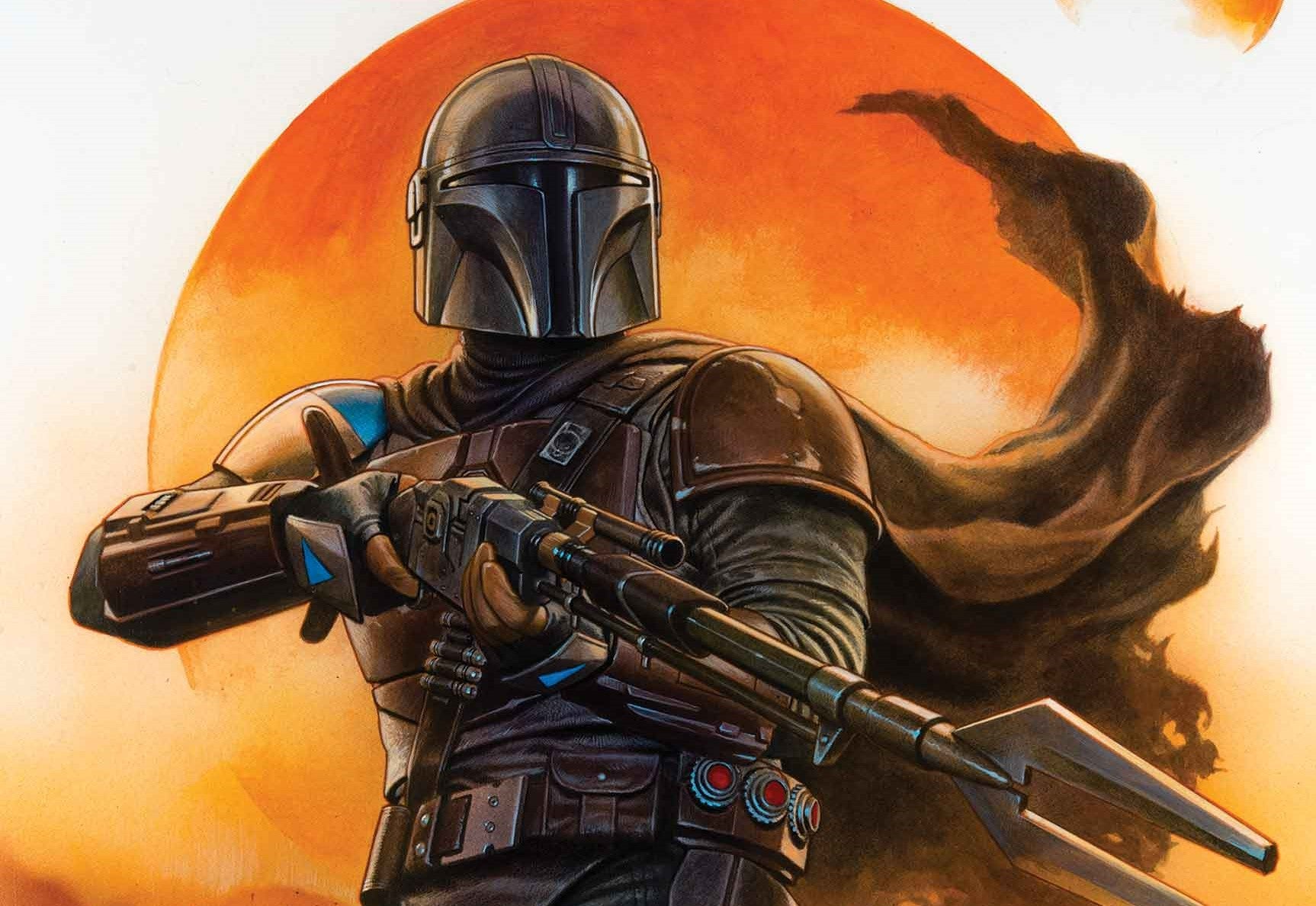 Marvel The Mandalorian Comic cover are issue one, The Mandalorian is holding a Mandalorian rifle while his cape flows behind him