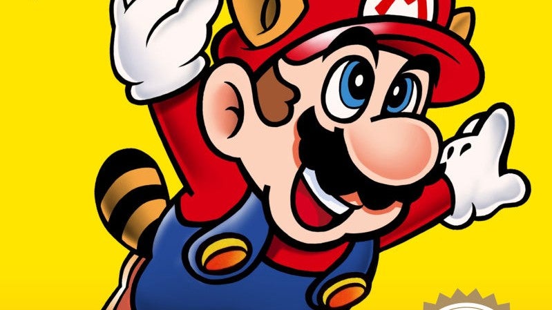 The Super Mario Bros. 3 box. Bright yellow background with Mario, arms wide like a bird's wings, flying slightly away to the camera's right. He's got a tail. He should get that looked at.