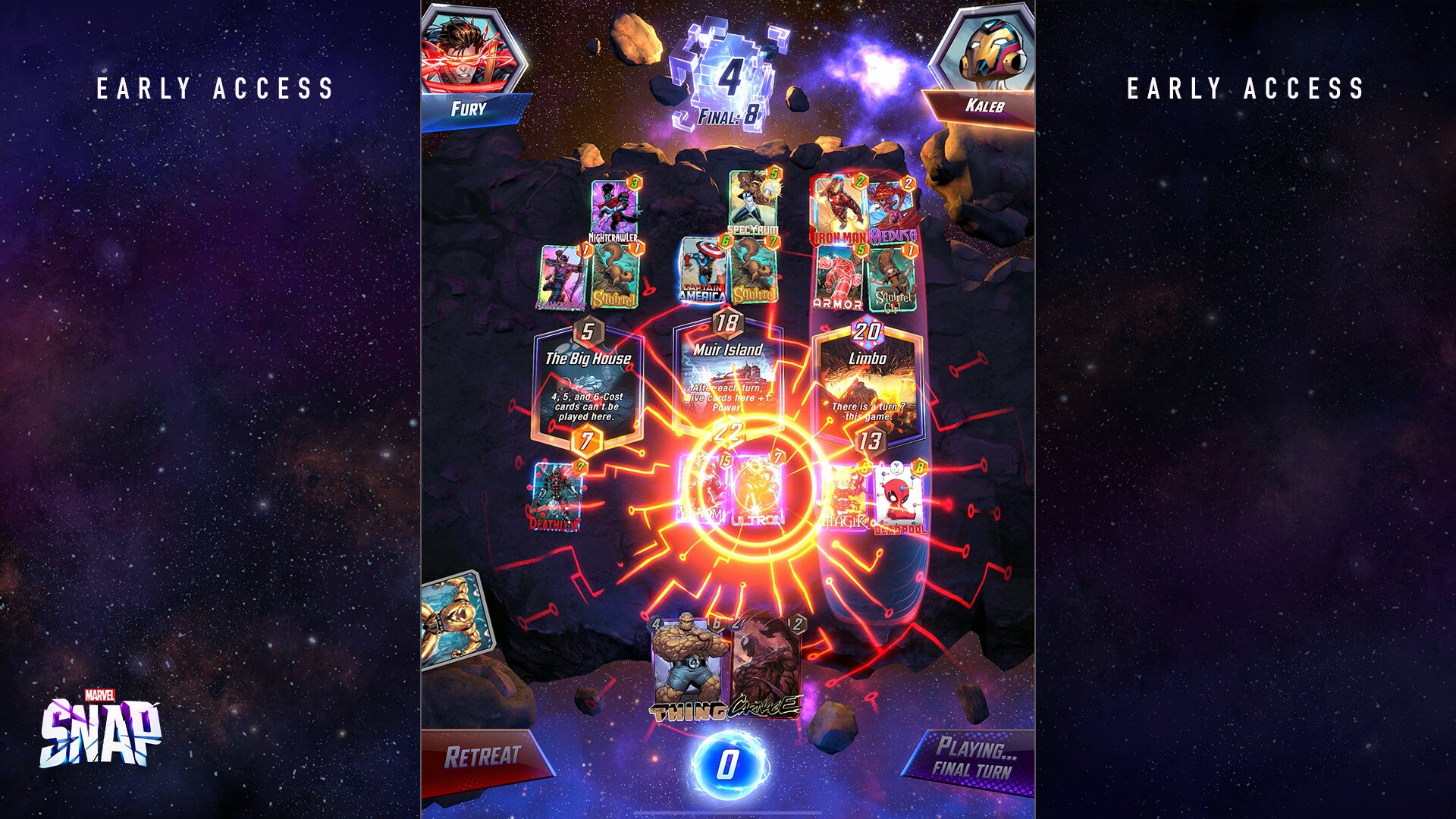 The digital card game Marvel Snap. A special power damages the playing surface, where the cards lie.