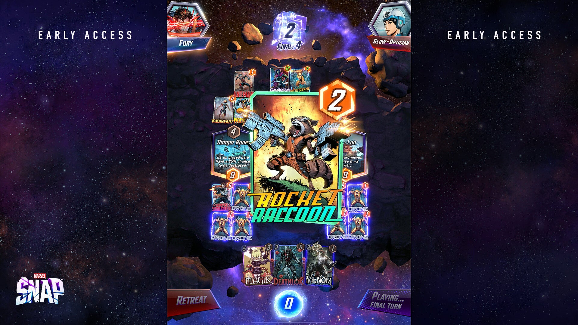 The digital card game Marvel Snap. A Rocket Raccoon card dominates the screen here. It's bright and colourful.