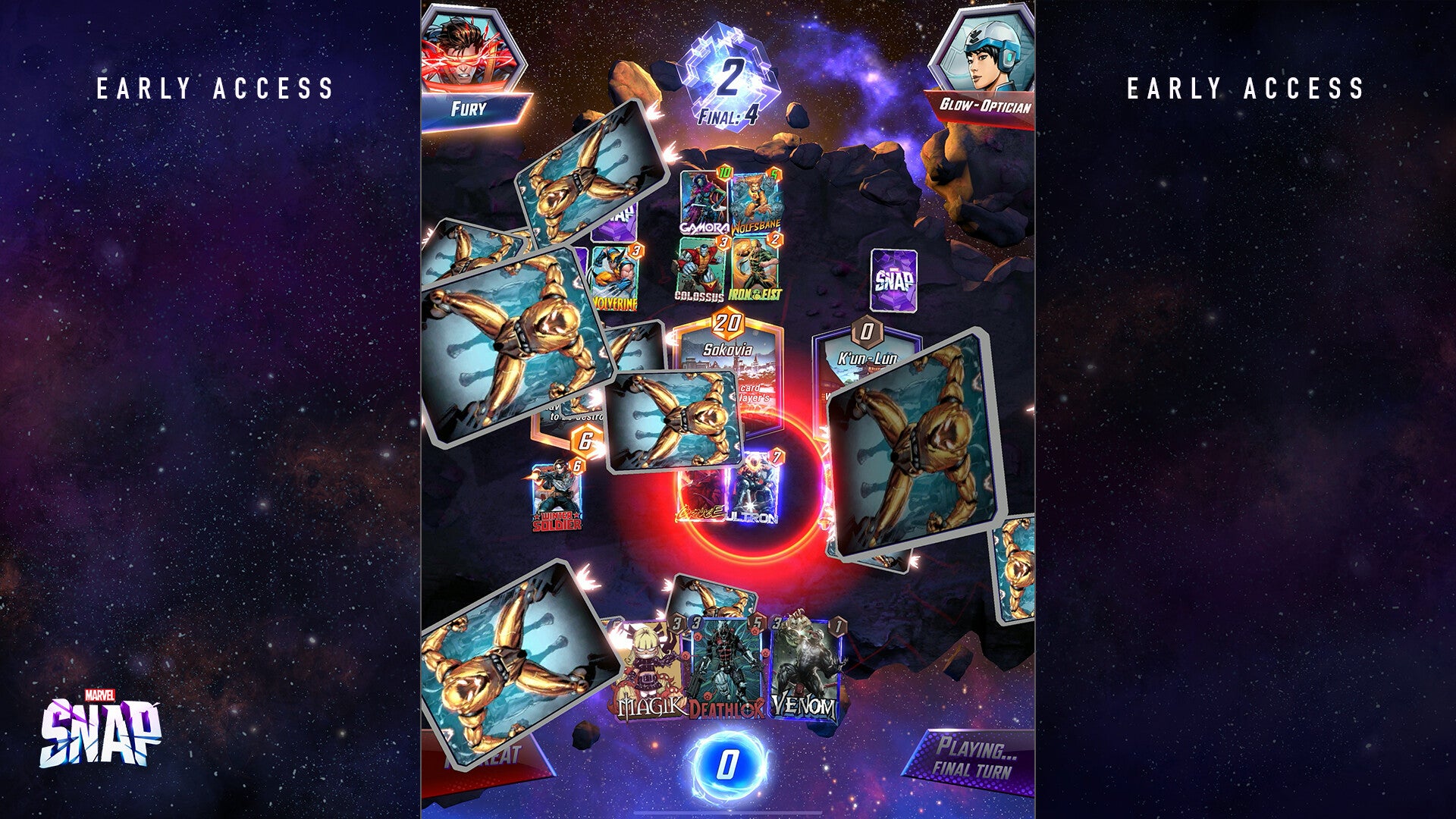 The digital card game Marvel Snap. Copies of one card flood the screen.