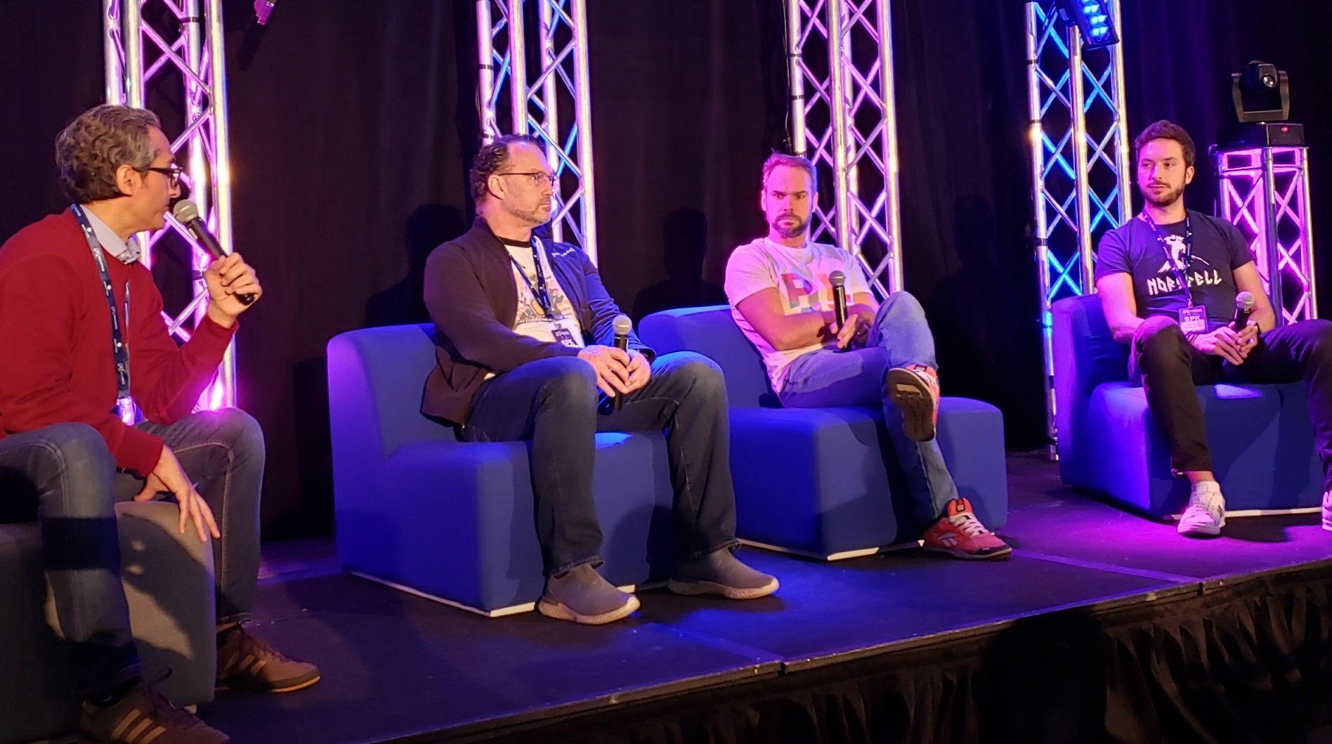 From left, Shum Singh, Trent Oster, Johan Eile, and Julian Maroda at a Megamigs panel discussion