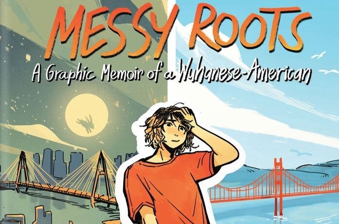 Cropped cover of Messy Roots featuring the author and the background of Wuhan and San Francisco