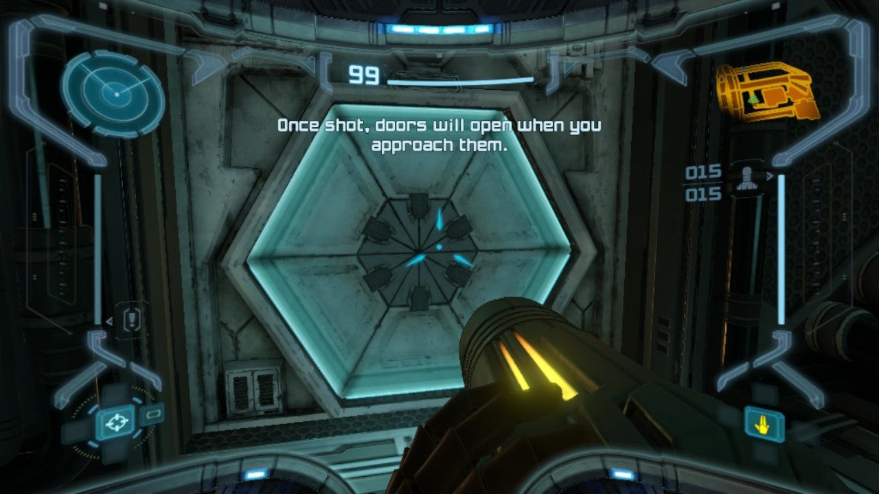 Close up of blue door in Metroid Prime Remastered