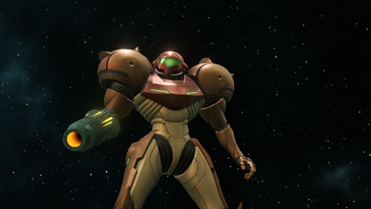 Close up of Samus in Metroid Prime Remastered