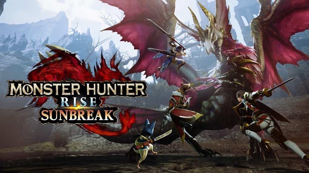Monster Hunter Rise: Sunbreak art of four players taking on a dragon-like monster
