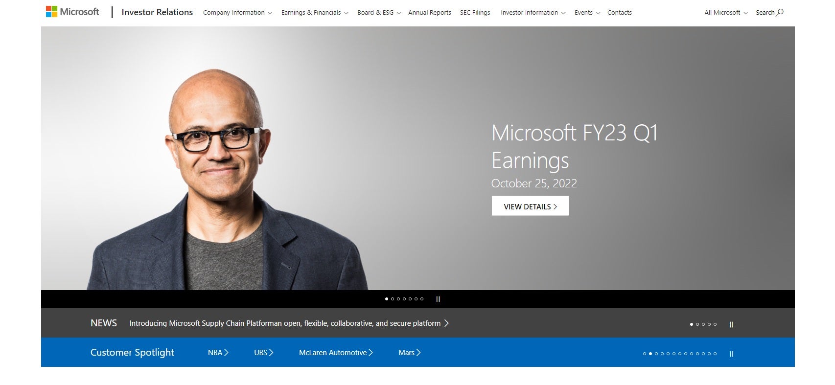 Microsoft's investor relations site, with a picture of CEO Satya Nadella next to a link to the Q1 earnings