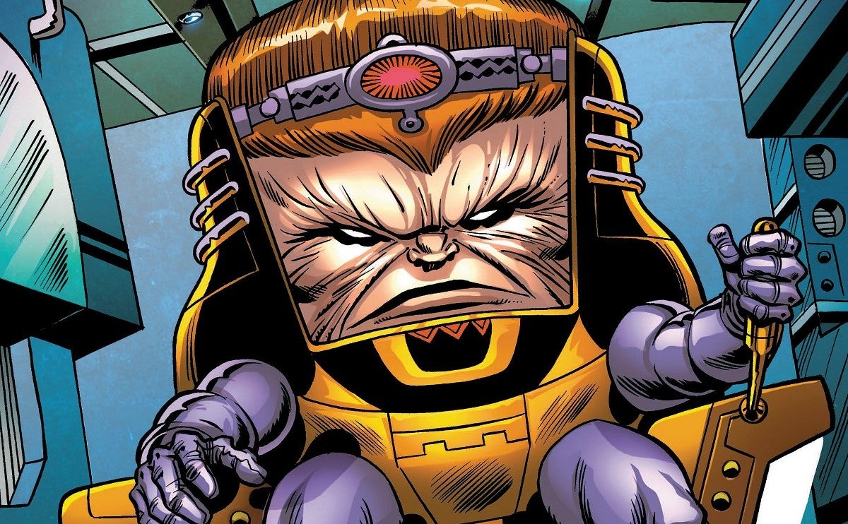Cropped image of Modok sitting in a chair frowning